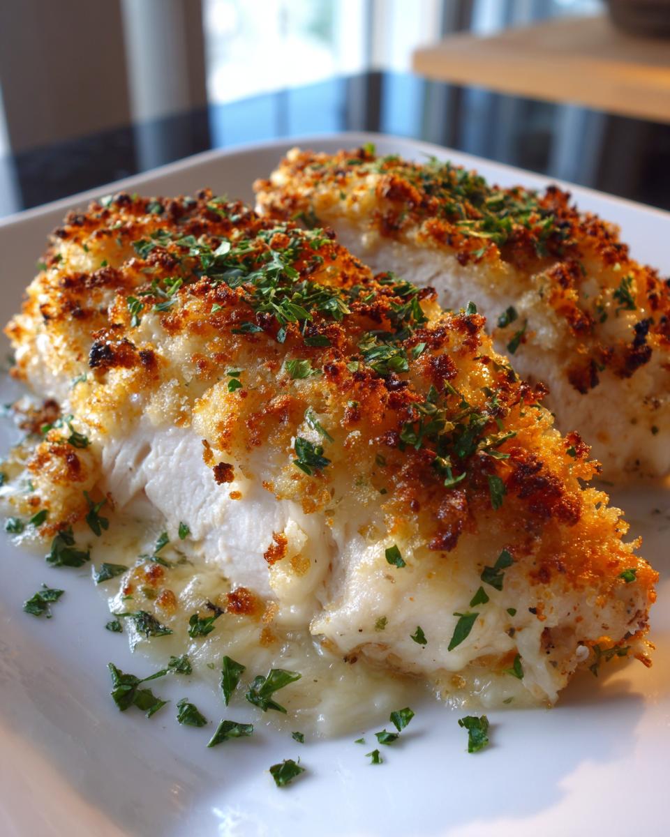 Two juicy pieces of Garlic Parmesan Chicken Bake topped with a golden, crispy crust and fresh parsley.