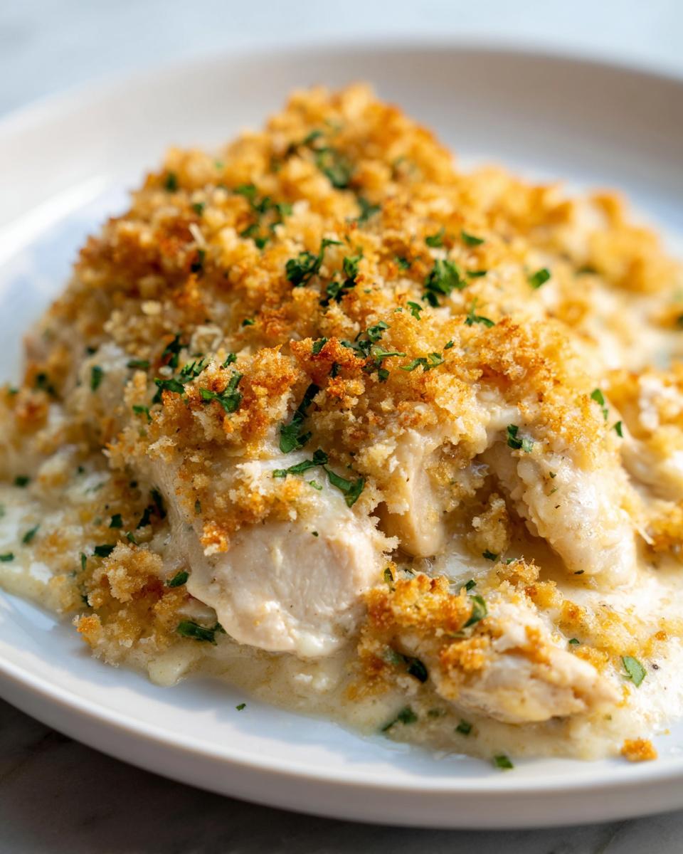 Close-up of tender chicken pieces covered in a golden, crispy topping from the Garlic Parmesan Chicken Bake, resting in a creamy sauce.