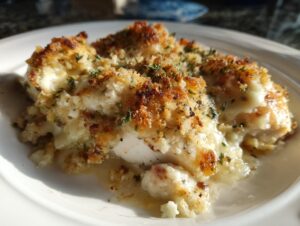 Close-up of a serving of Garlic Parmesan Chicken Bake featuring melted cheese and a golden, crispy breadcrumb topping.
