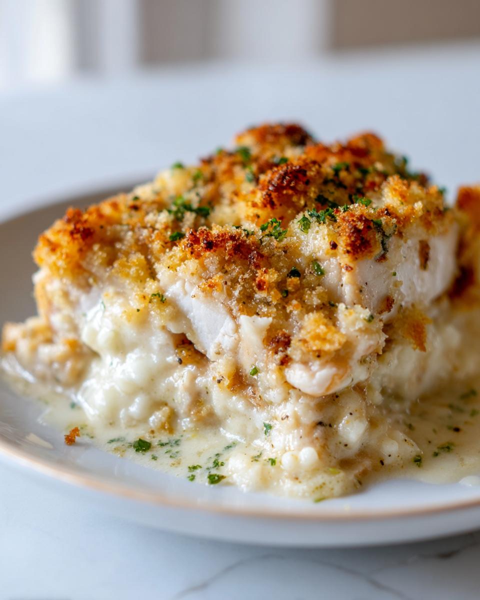 A close-up of a serving of Garlic Parmesan Chicken Bake featuring a golden, crispy breadcrumb topping over creamy sauce and tender chicken.