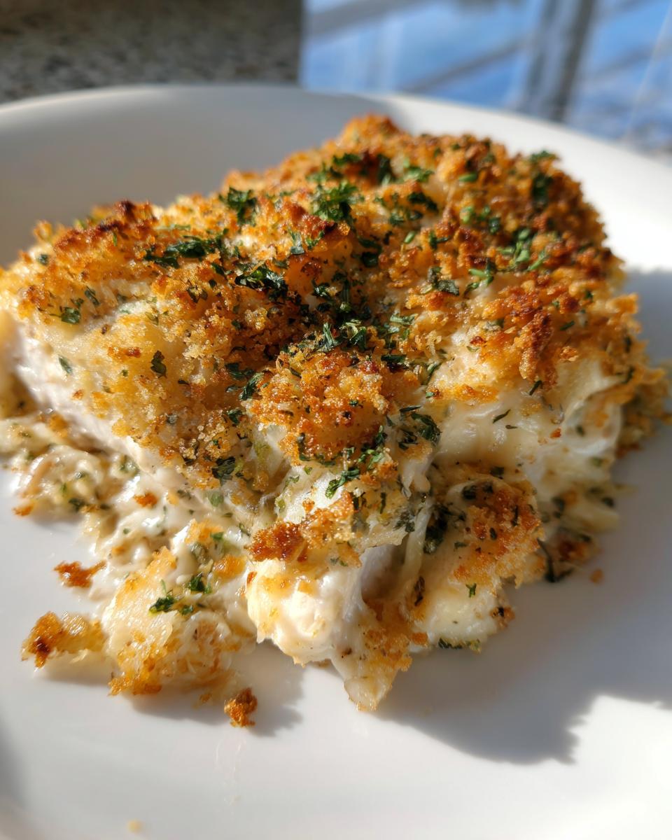 A close-up of a serving of Garlic Parmesan Chicken Bake, featuring a creamy interior and a golden, crispy breadcrumb topping sprinkled with parsley.
