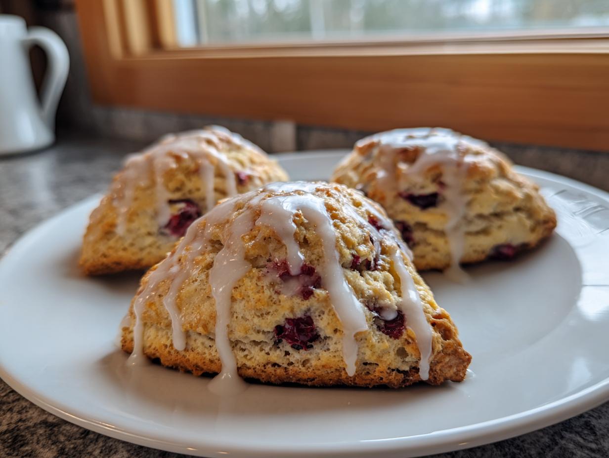 Three freshly baked blueberry scones topped with a thick white glaze, resting on a white plate.