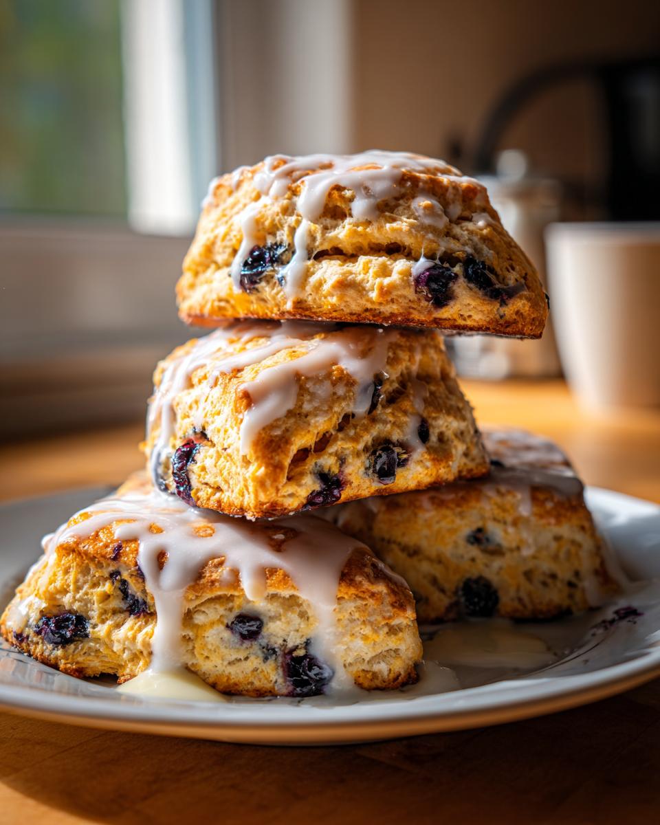 A stack of four golden-brown blueberry scones generously drizzled with white vanilla glaze, sitting on a white plate.