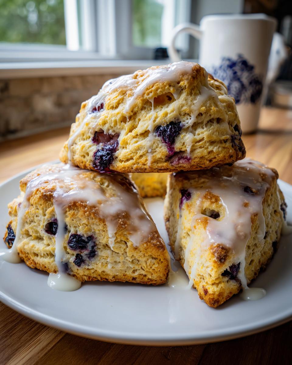 Three freshly baked blueberry scones topped with dripping white glaze stacked on a white plate.
