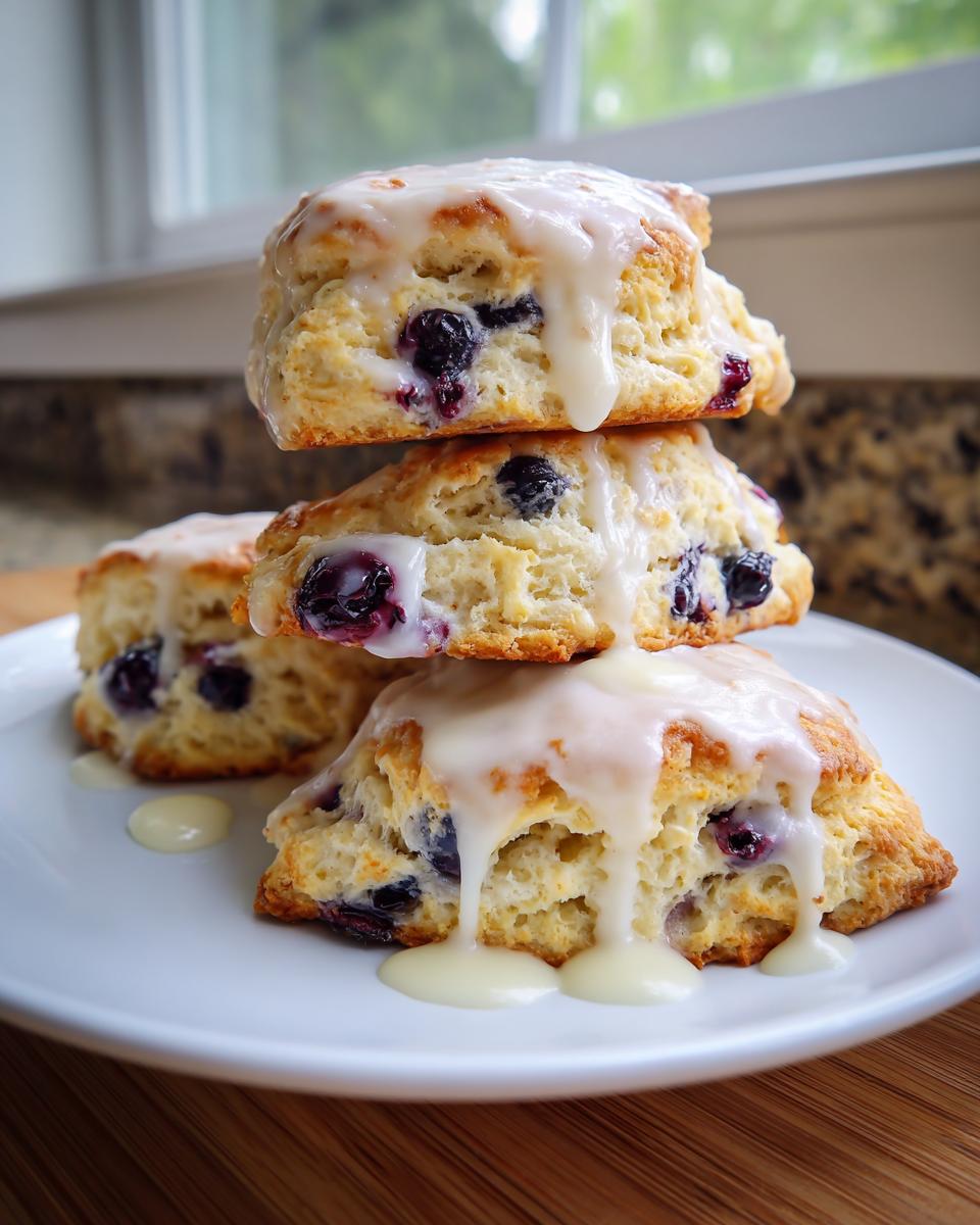 A stack of three freshly baked blueberry scones topped with a thick, white vanilla glaze.