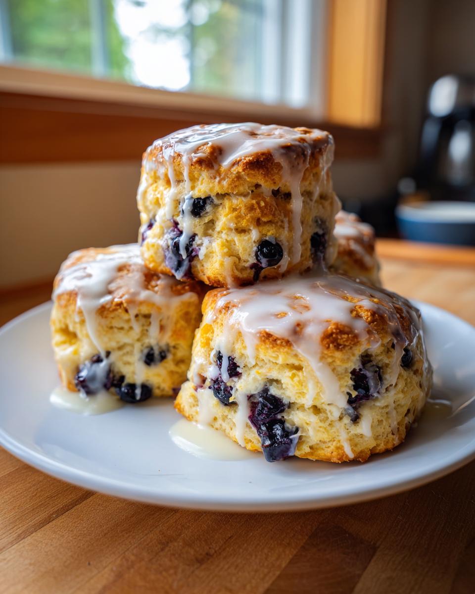 A tempting stack of three homemade blueberry scones generously drizzled with white glaze, sitting on a white plate.