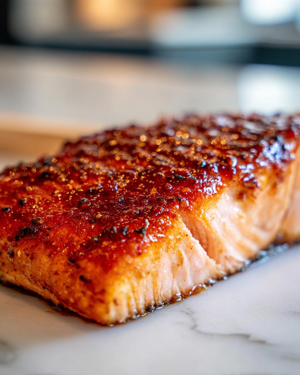 Close-up of a perfectly cooked salmon fillet with a shiny, dark glaze on top, ready to eat.