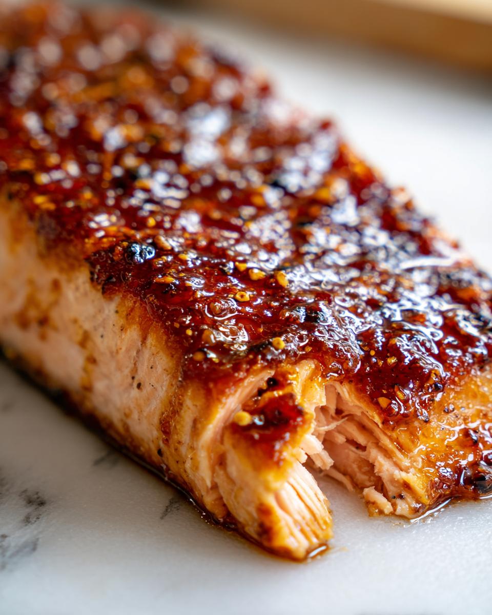 Close-up of a perfectly cooked salmon fillet with a thick, glossy, caramelized glaze.