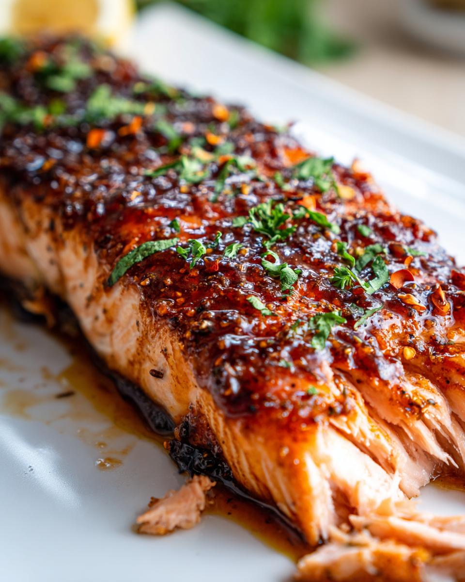 Close-up of a perfectly cooked, glazed salmon fillet topped with fresh herbs and chili flakes.