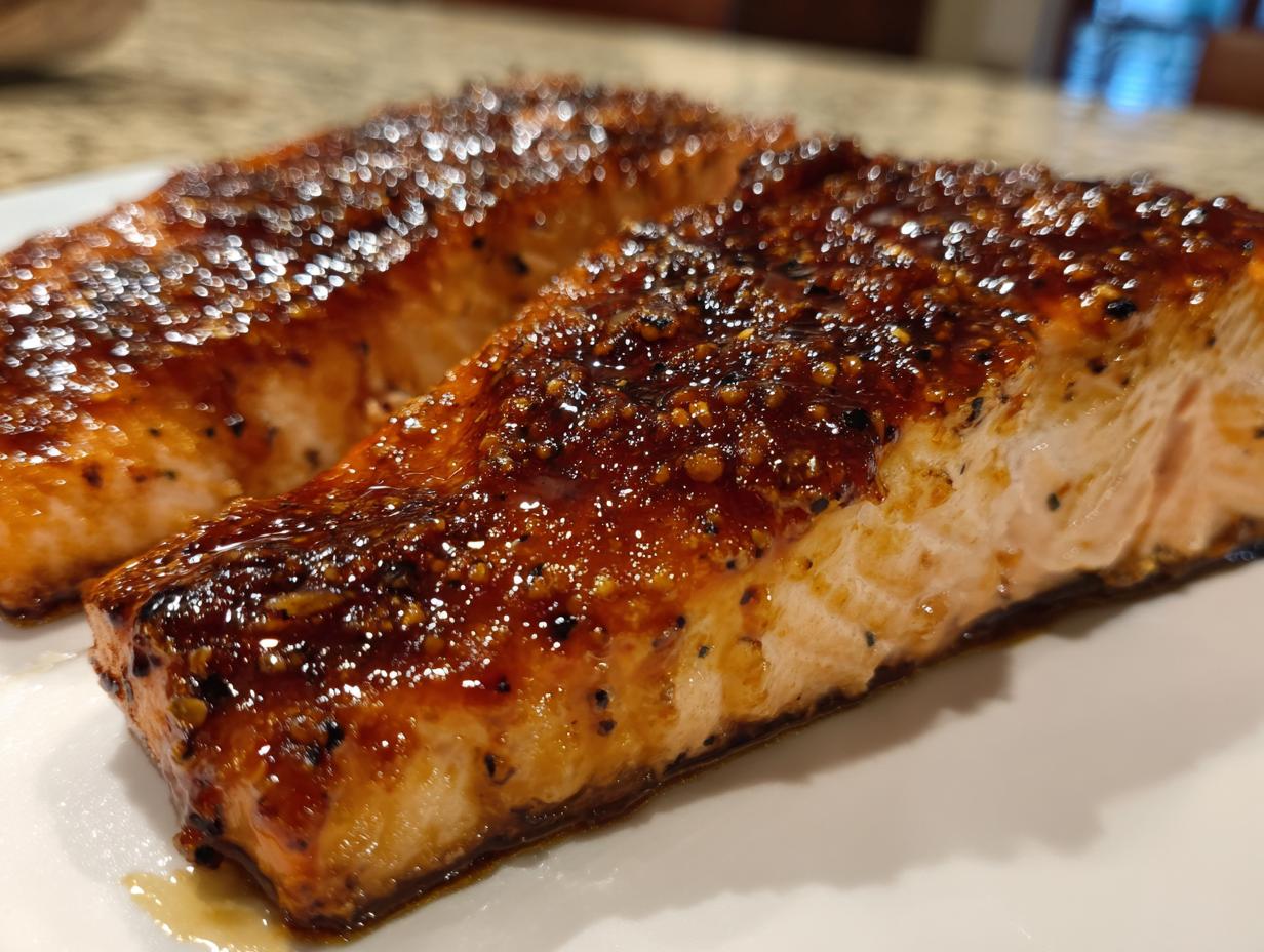 Close-up of two perfectly cooked salmon fillets with a thick, glossy, dark brown glaze and visible seasoning.