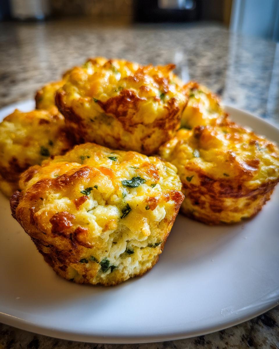 A close-up of several fluffy, golden brown egg bites topped with melted cheese and green herbs, served on a white plate.