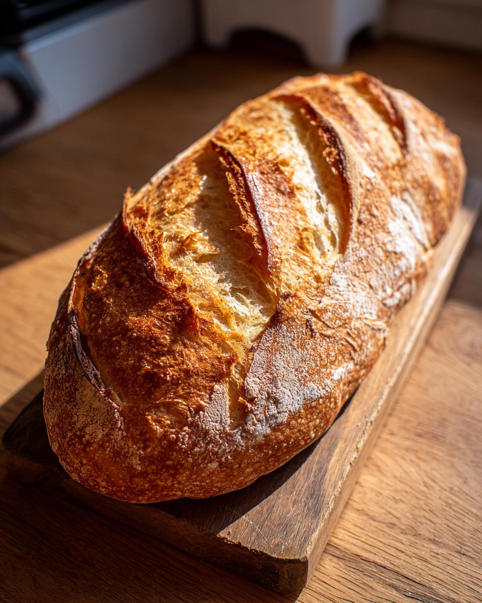 A beautifully baked loaf of french bread with a golden, scored crust resting on a wooden cutting board.