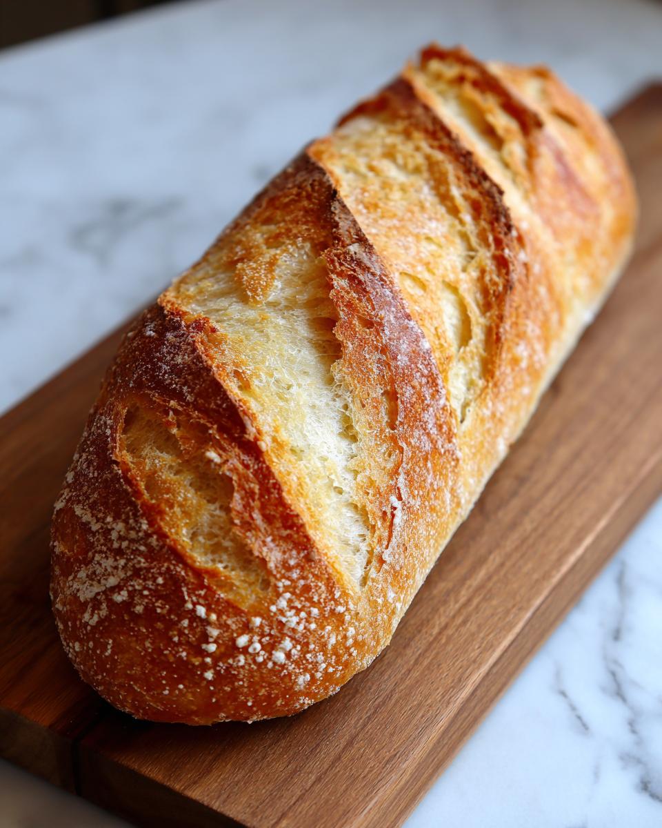 A beautifully baked loaf of french bread with a golden, scored crust resting on a wooden cutting board.