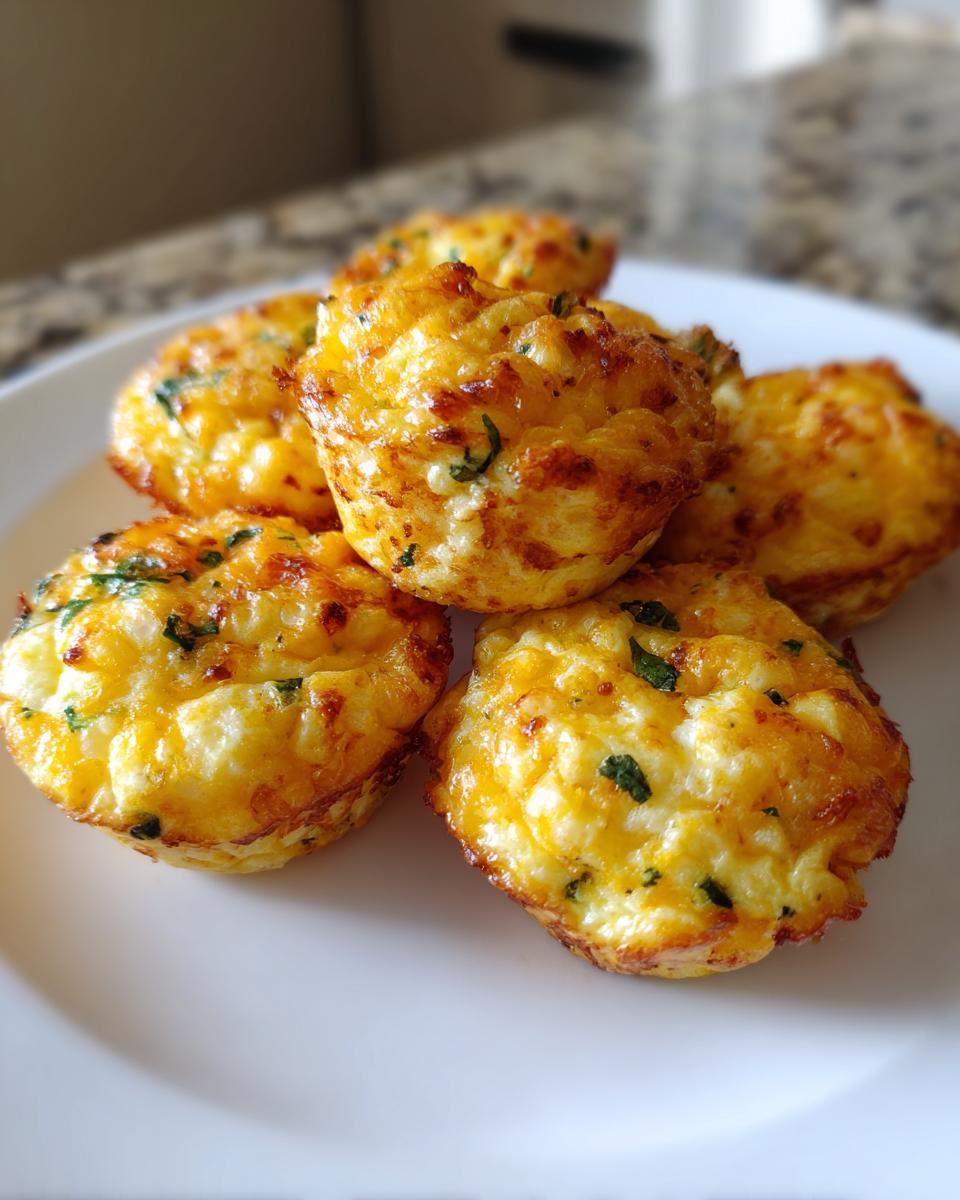 A close-up of several golden brown, cheesy egg bites garnished with green herbs on a white plate.