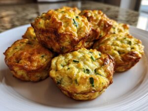 A stack of freshly baked, golden brown egg bites with visible green herbs on a white plate.
