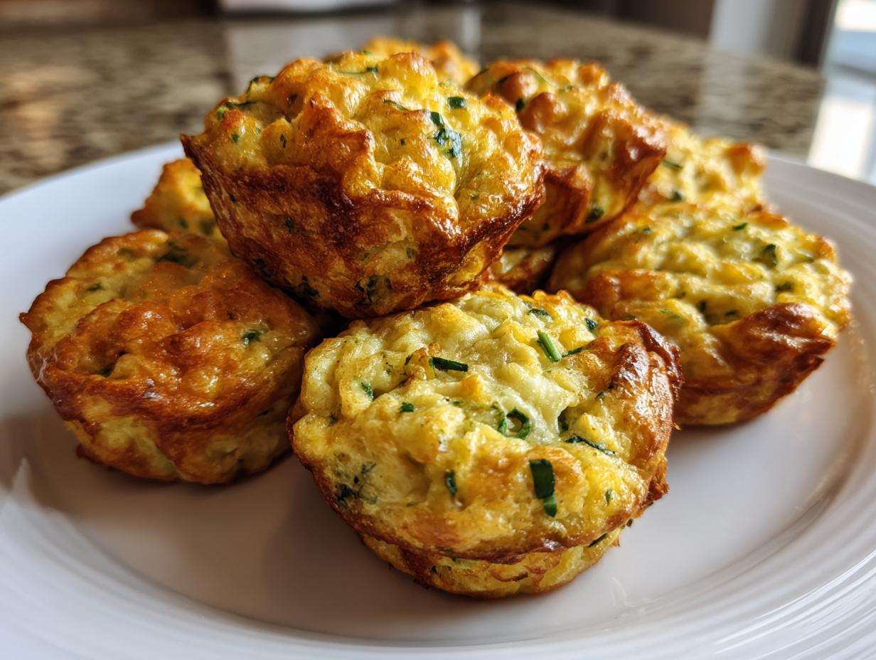 A stack of freshly baked, golden brown egg bites with visible green herbs on a white plate.