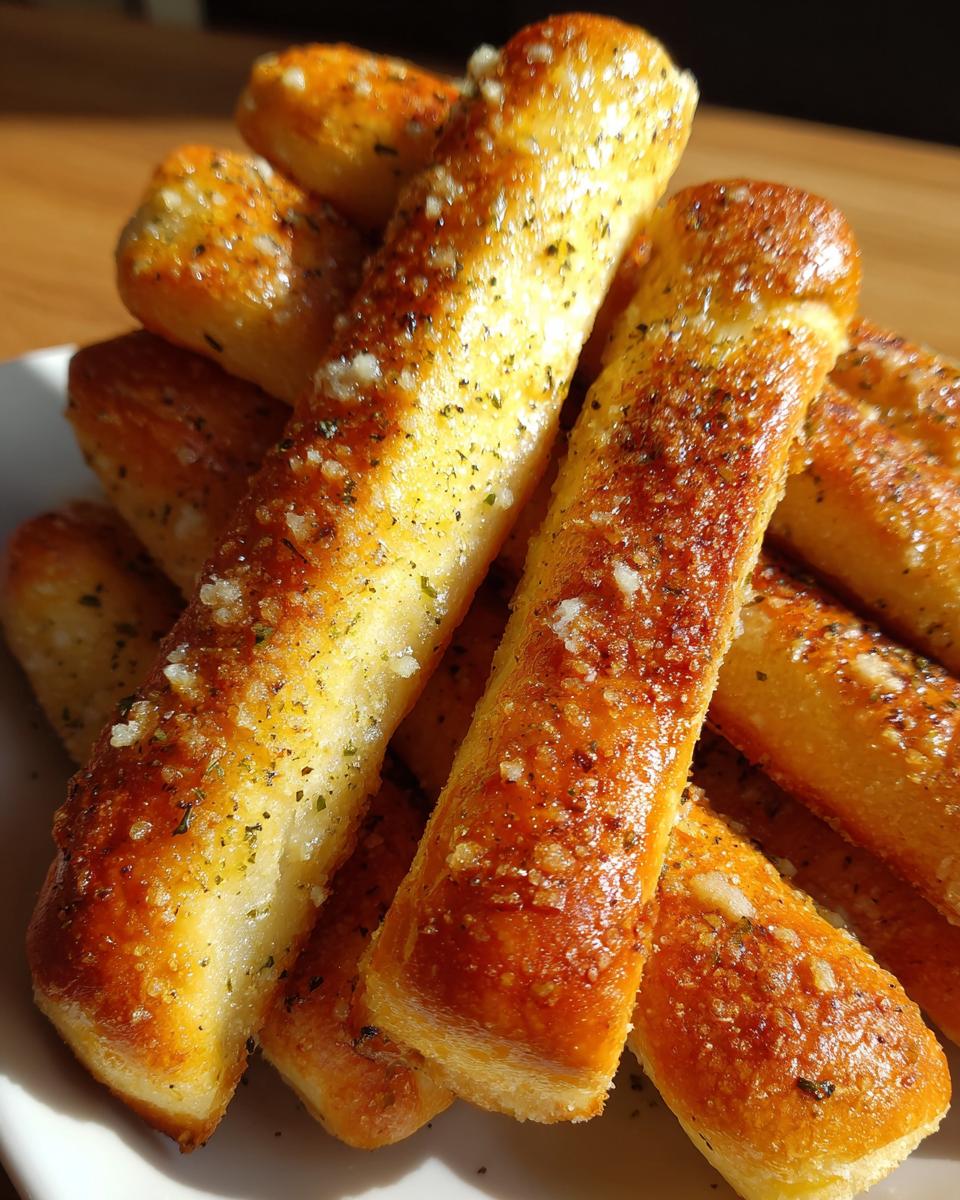 A close-up pile of golden brown, buttery breadsticks topped with garlic and herbs.