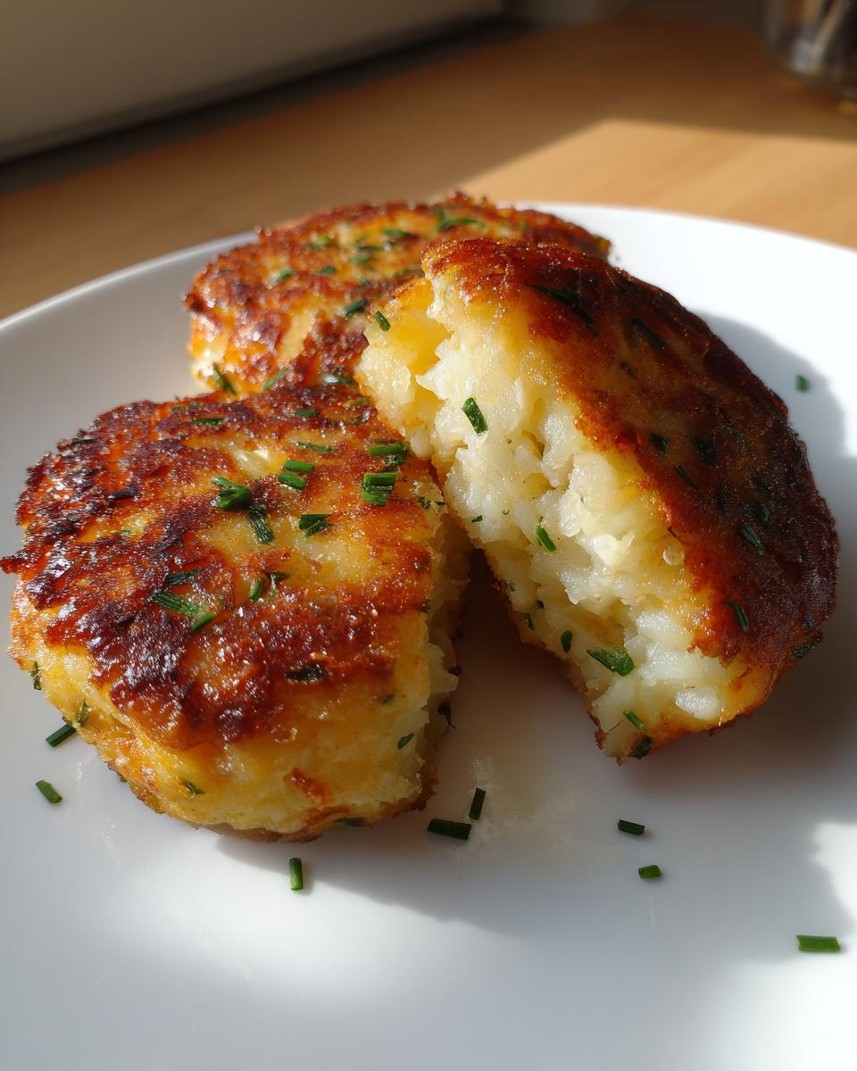 Three golden brown mashed potato cakes on a white plate, one cut open to show the fluffy interior, sprinkled with chives.