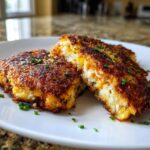 Two golden brown mashed potato cakes, one cut open to show the fluffy interior, garnished with chives.