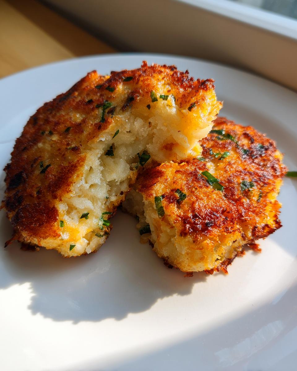 Two golden brown mashed potato cakes, one broken open to show the fluffy interior, garnished with chives.