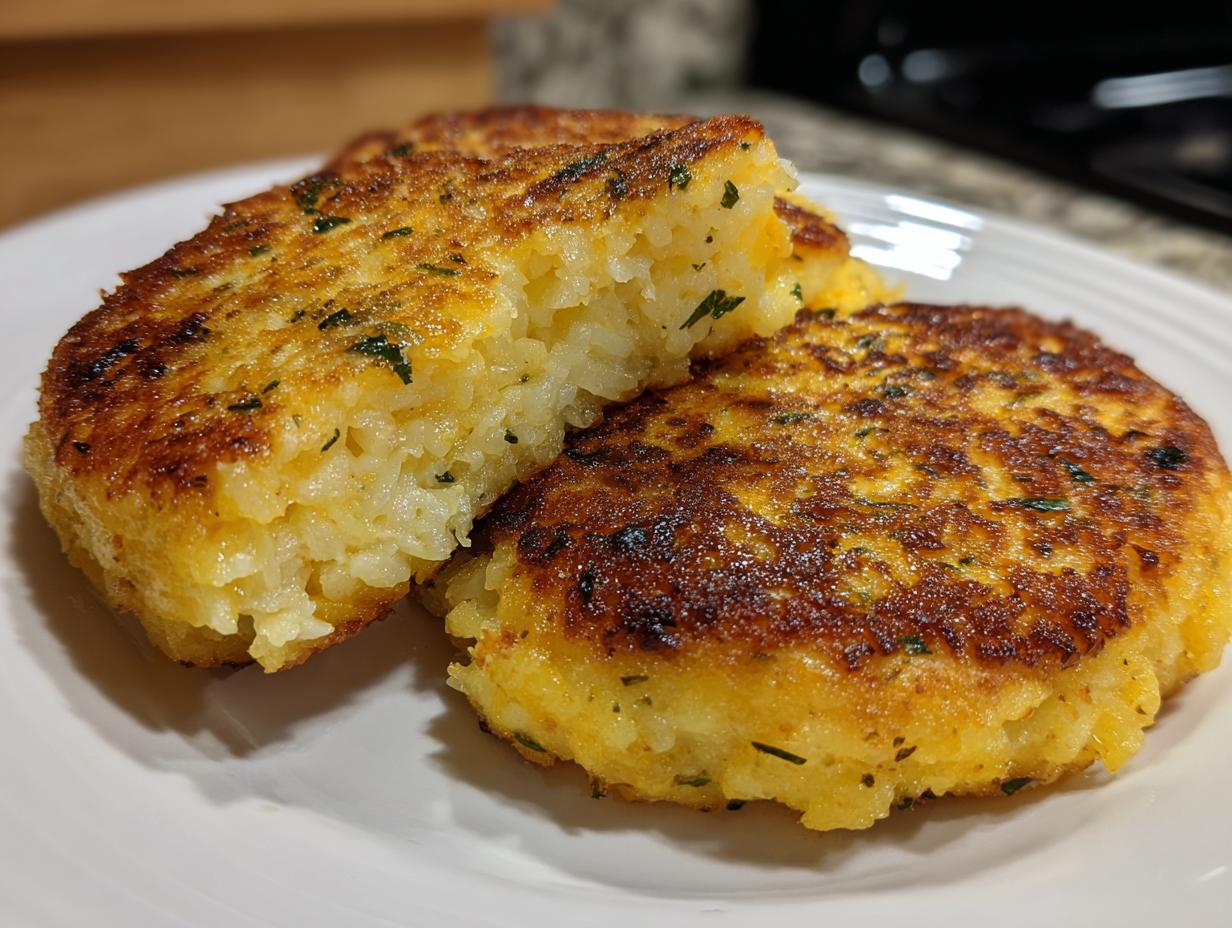 Close-up of two golden brown, pan-fried mashed potato cakes on a white plate, one broken open to show the texture.