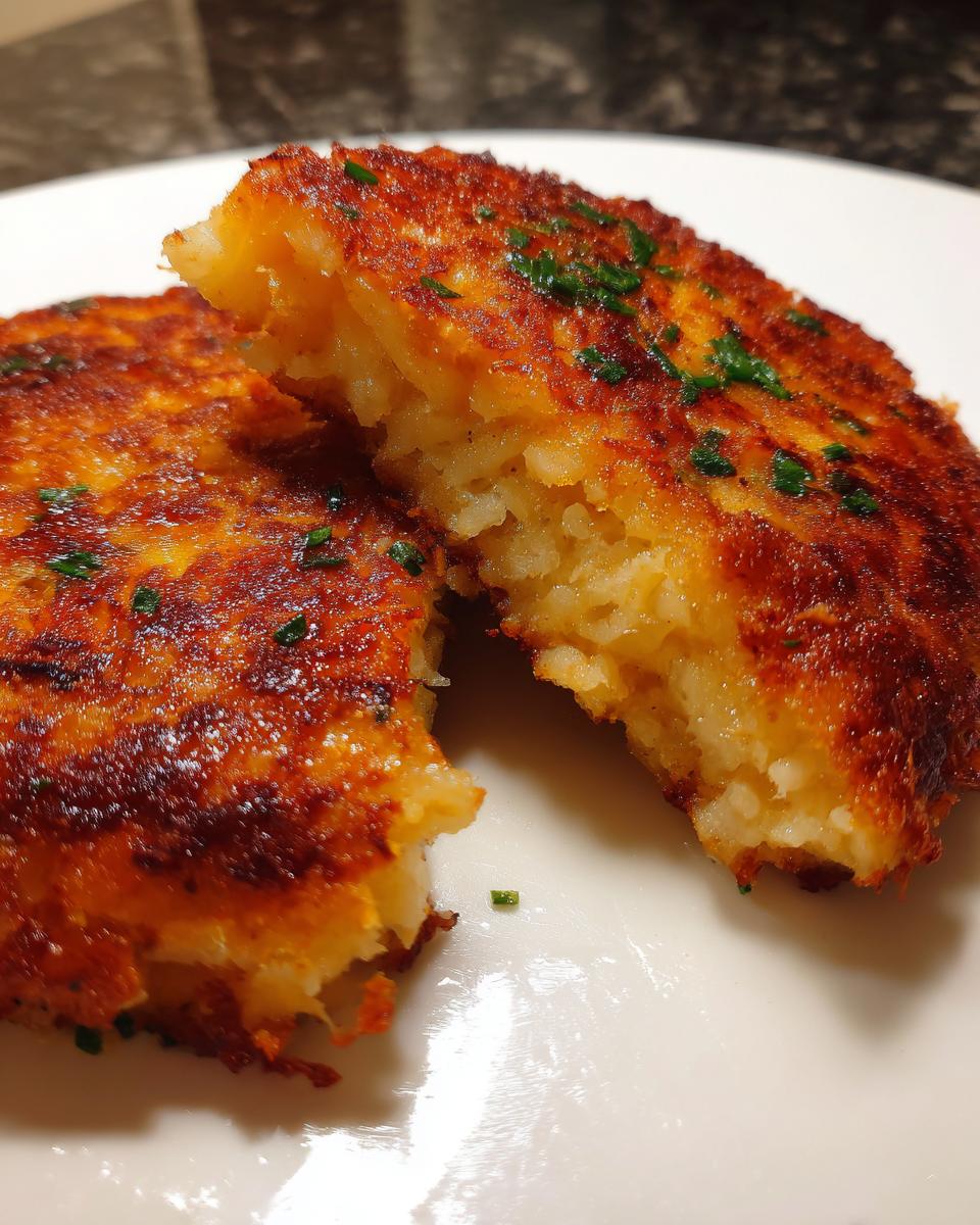 Close-up of two golden brown mashed potato cakes, one cut in half showing the fluffy interior.