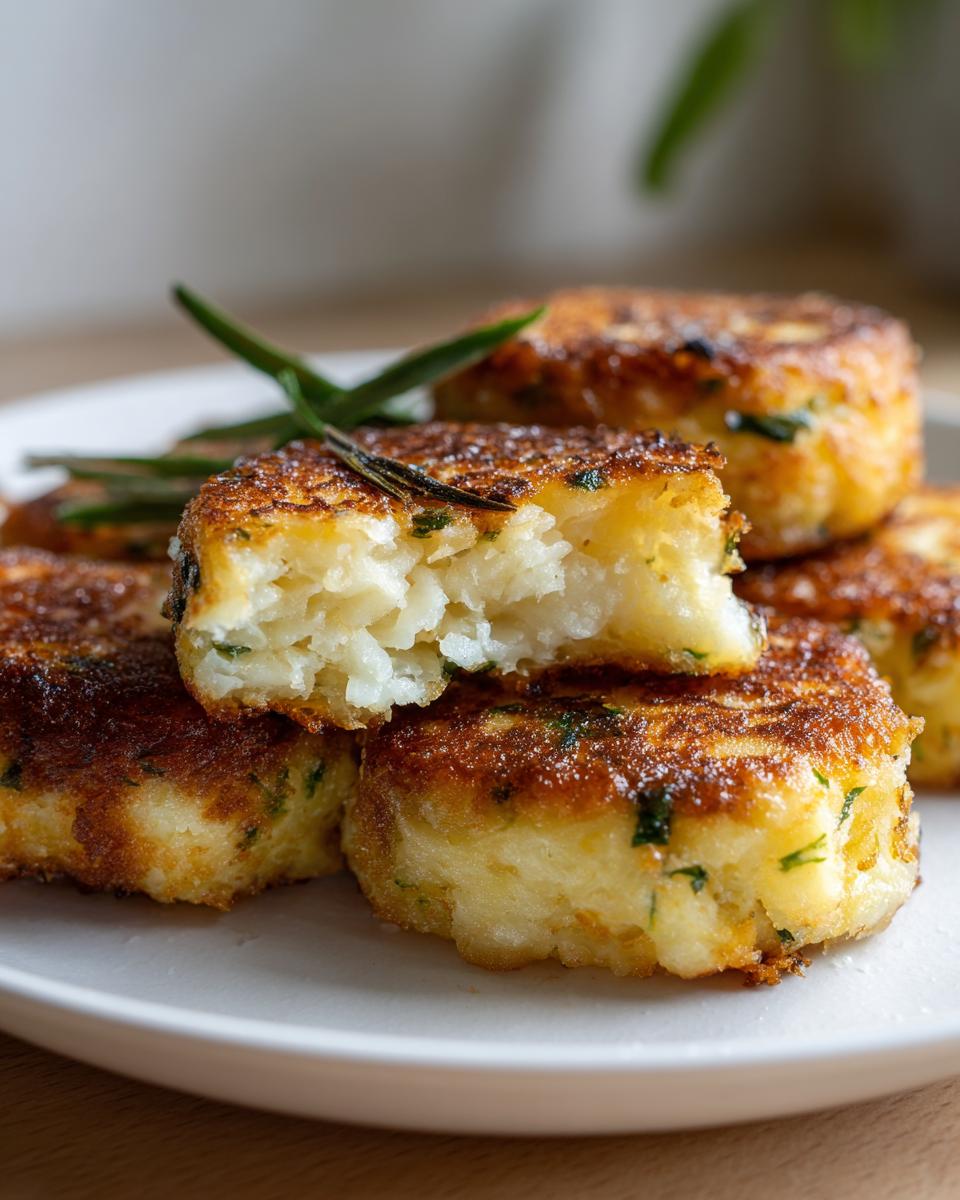 Close-up of crispy, golden mashed potato cakes, one cut open showing fluffy interior and herbs.