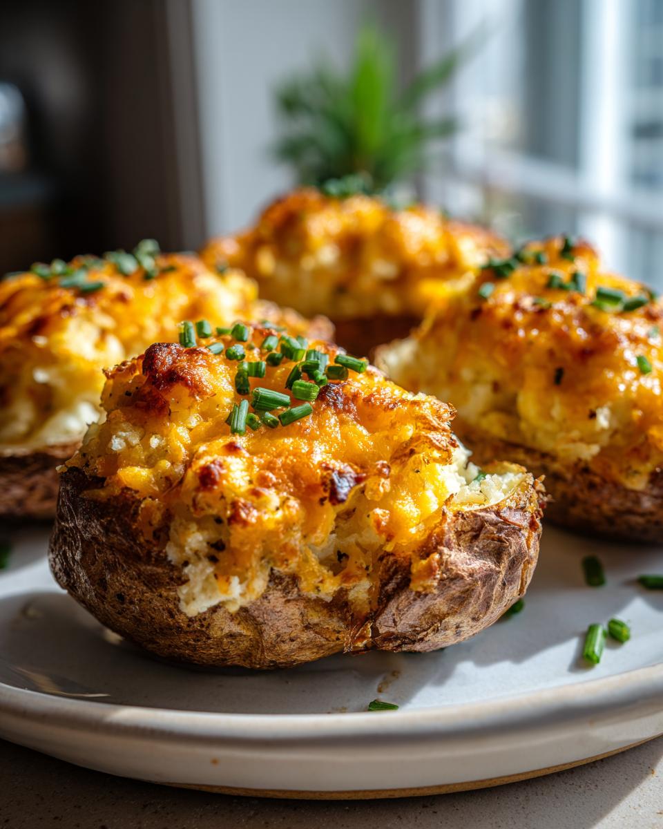 Close-up of several golden Twice baked potatoes piled high with melted cheese and topped with fresh green chives.