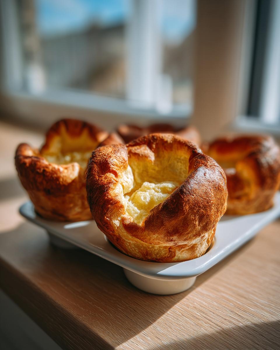 Close-up of several golden brown, risen yorkshire pudding puffs sitting in a white serving dish.