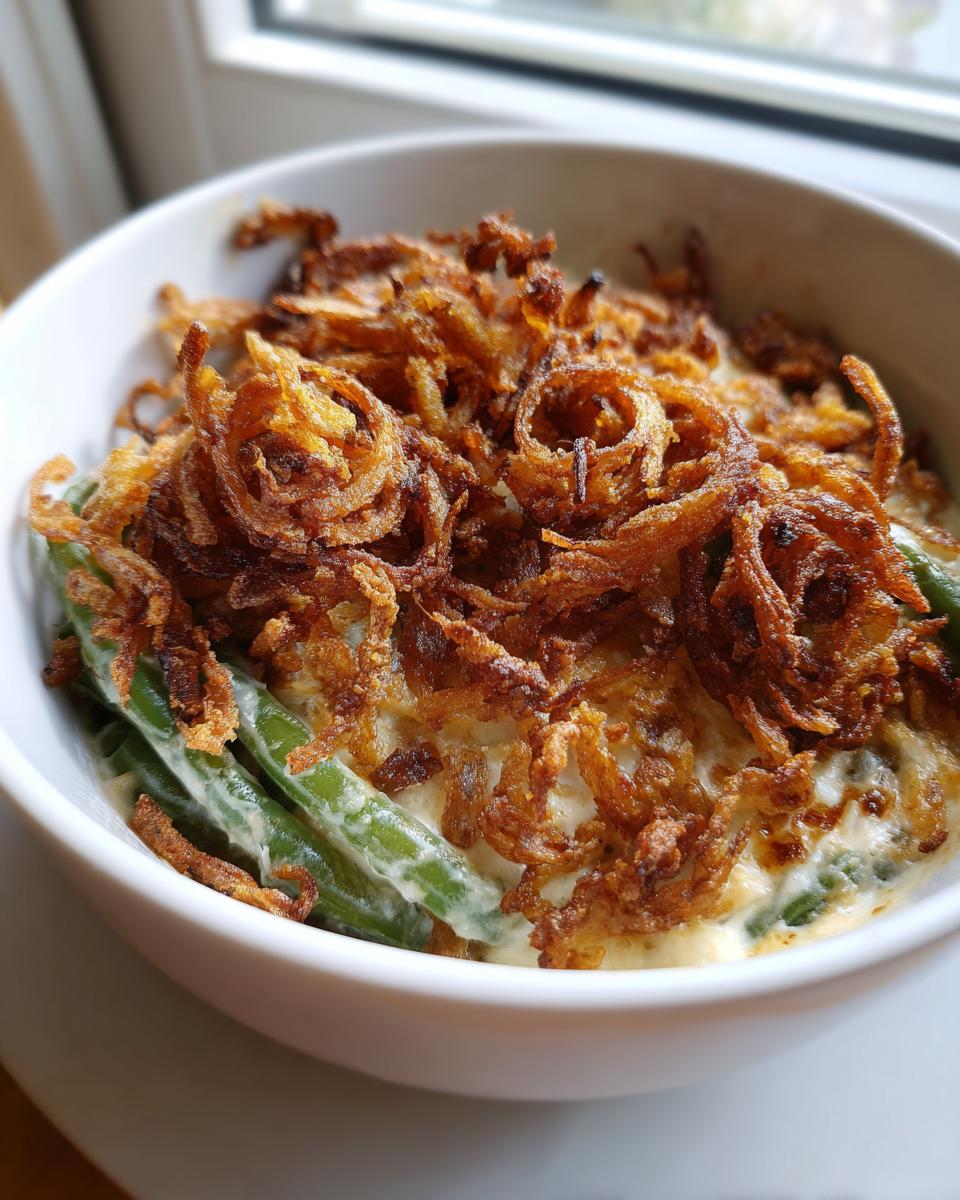 A close-up serving of creamy green bean casserole topped generously with crispy fried onions.