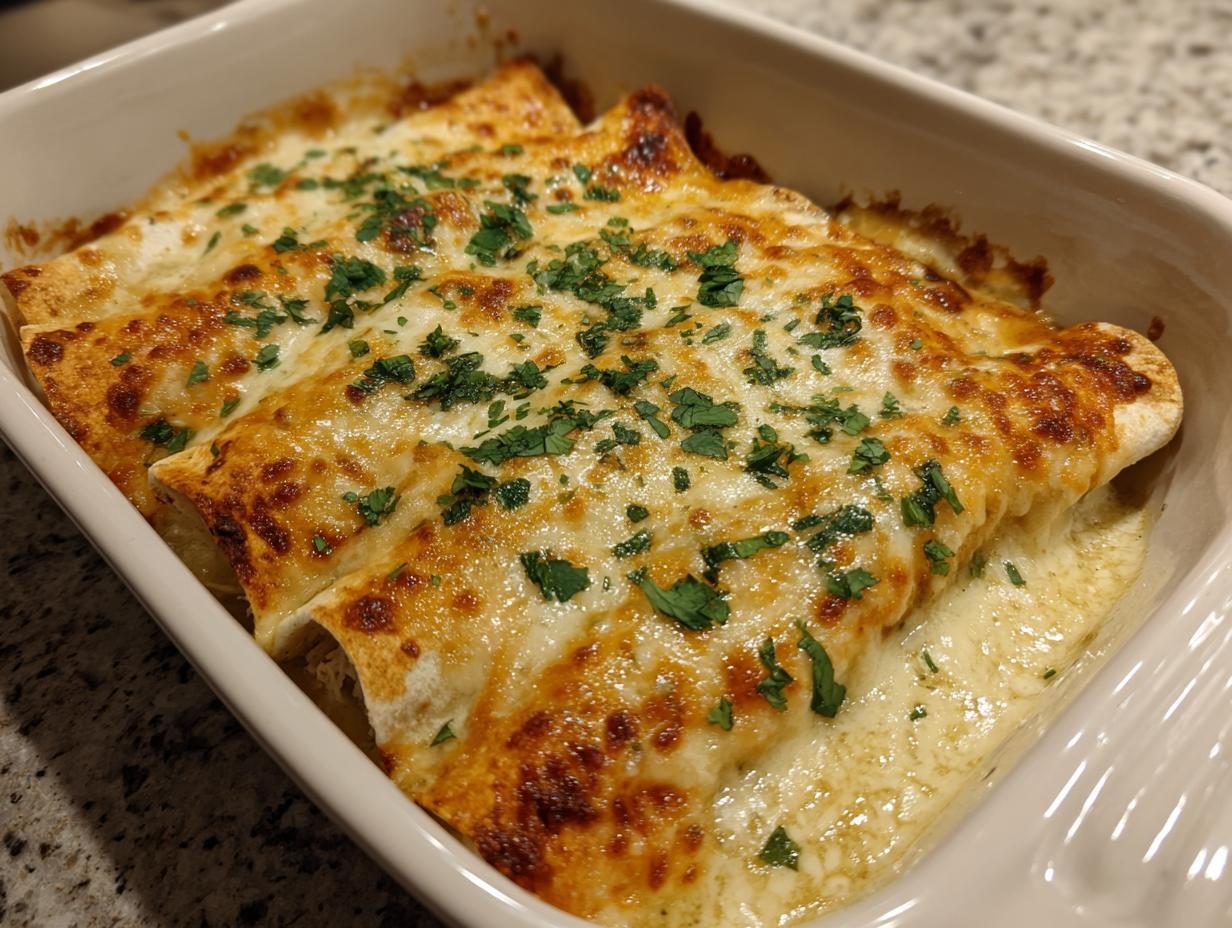 Close-up of baked green chile chicken enchiladas covered in bubbly, melted cheese and fresh parsley.