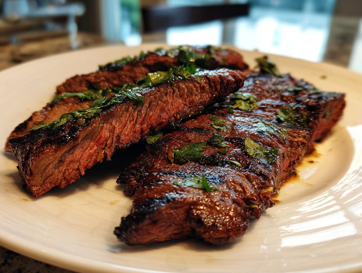 Close-up of grilled steak slices showing a medium-rare center, seasoned with herbs, made using the carne asada marinade.