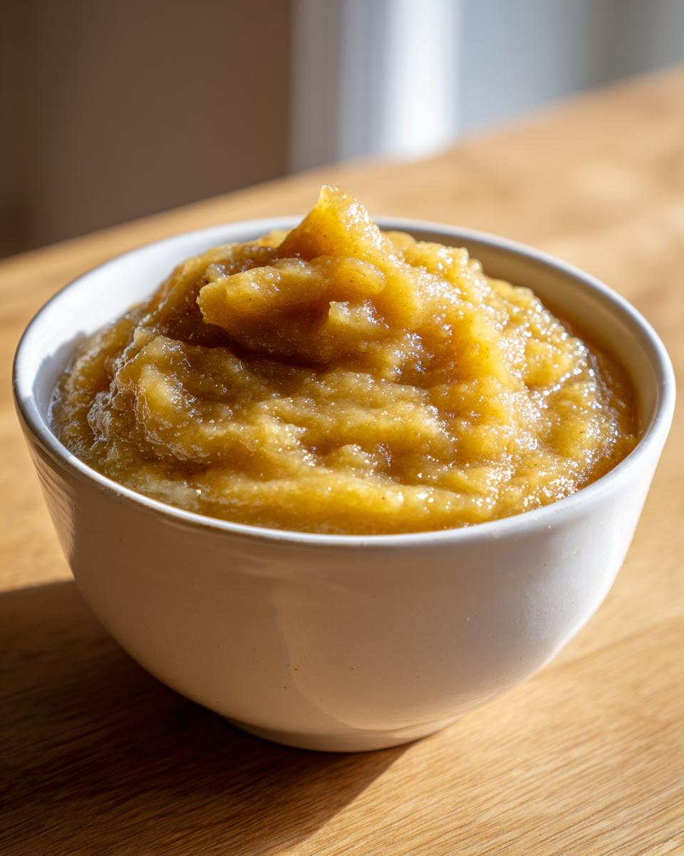 A close-up shot of chunky, golden homemade applesauce served in a small white bowl on a wooden table.