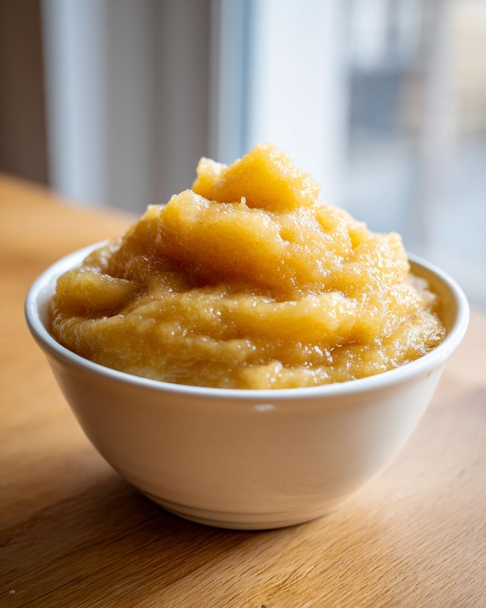 A close-up of homemade applesauce, piled high and slightly chunky, served in a white bowl on a wooden surface.
