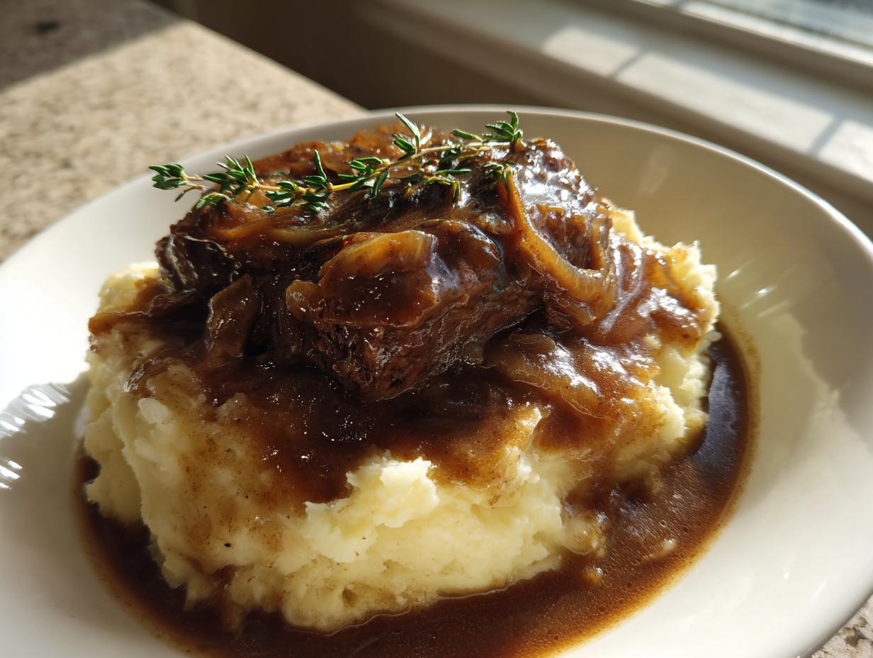 A serving of mashed potatoes generously covered with rich homemade brown gravy, topped with braised meat and onions, garnished with thyme.