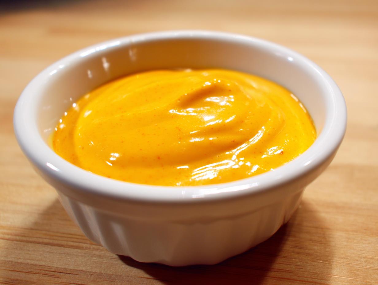 Close-up of smooth, bright orange homemade nacho cheese sauce served in a small white dipping bowl.