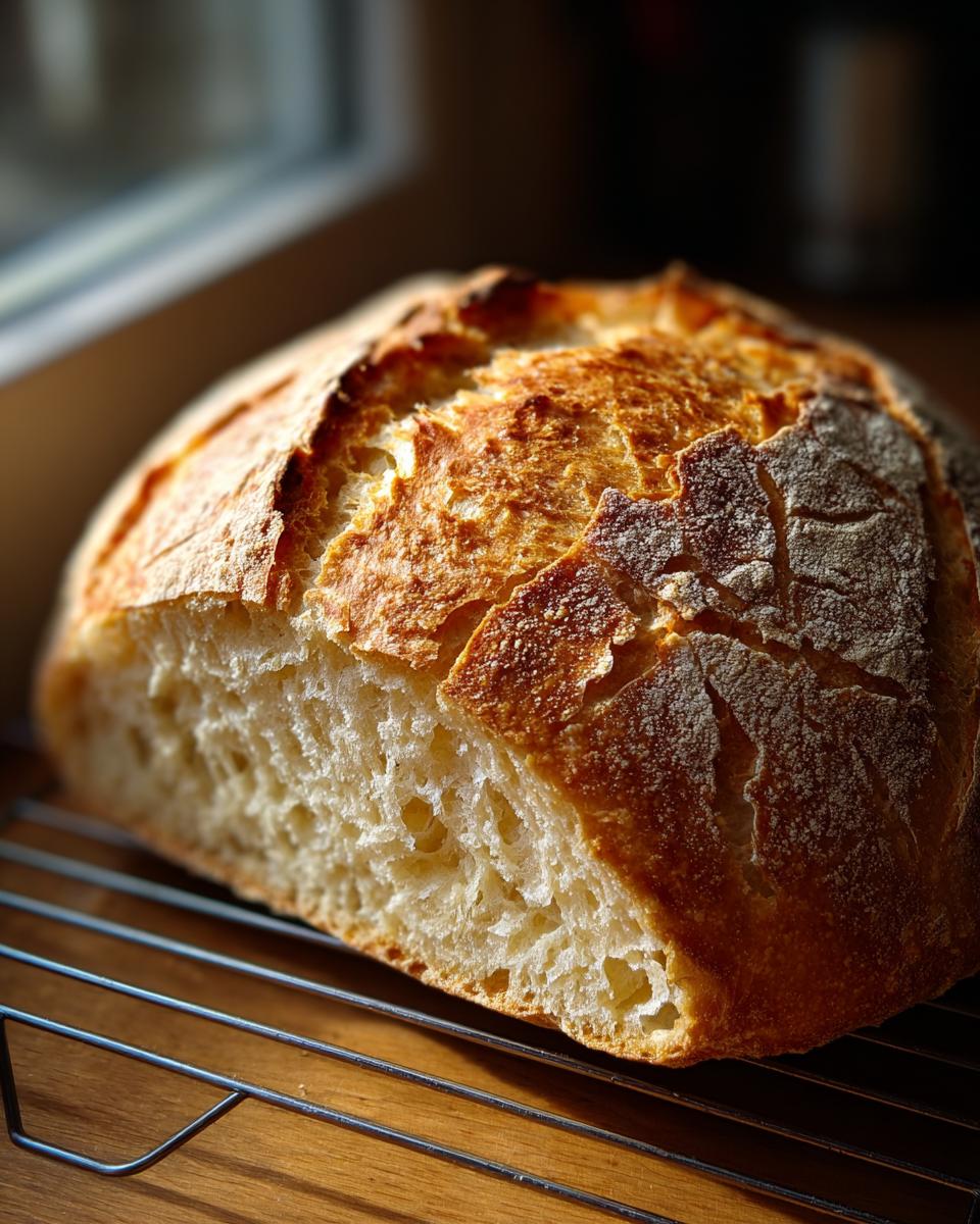 A close-up of a rustic, golden-brown loaf of Italian bread resting on a cooling rack, showing its crunchy crust and airy interior.