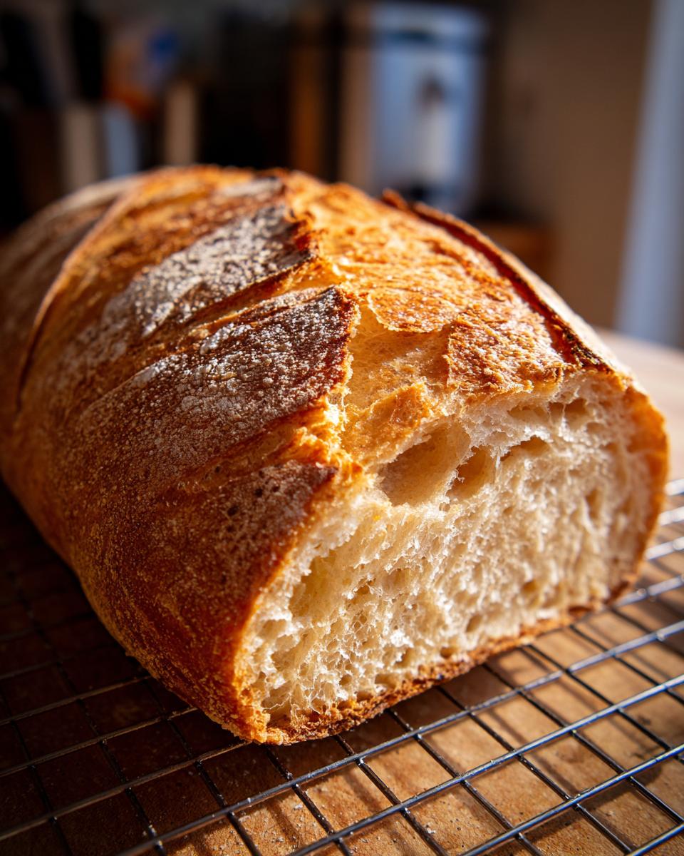 Close-up of a freshly baked Italian bread loaf with a golden, cracked crust resting on a cooling rack.