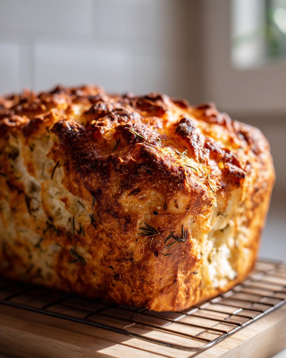 A freshly baked loaf of Italian herb and cheese bread cooling on a wire rack, featuring a deeply browned, cheesy crust.