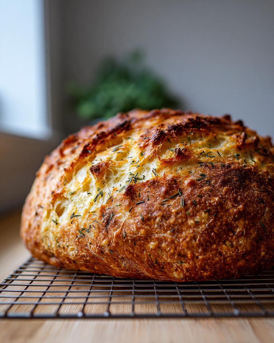 A freshly baked, golden-brown loaf of Italian herb and cheese bread resting on a wire cooling rack.