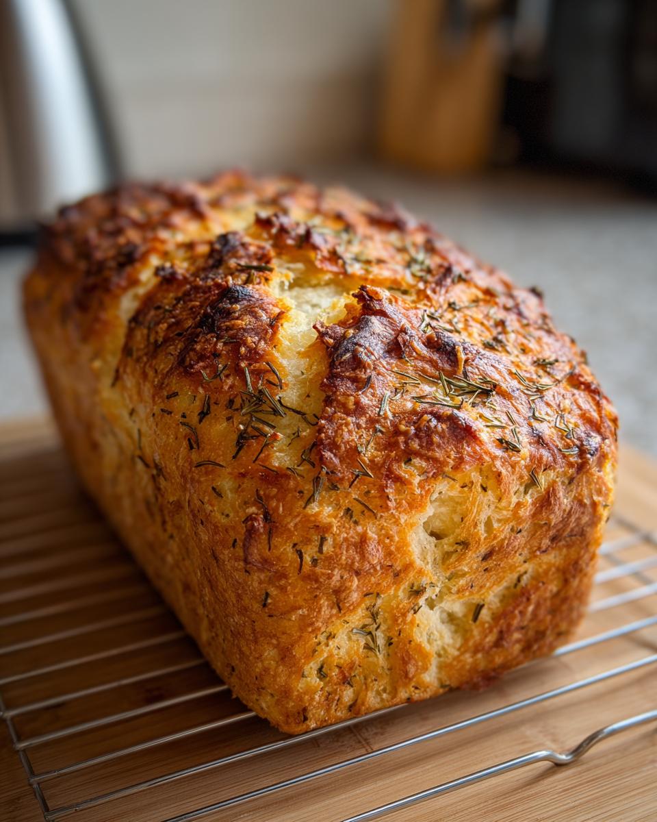 A golden brown loaf of Italian herb and cheese bread cooling on a wire rack.