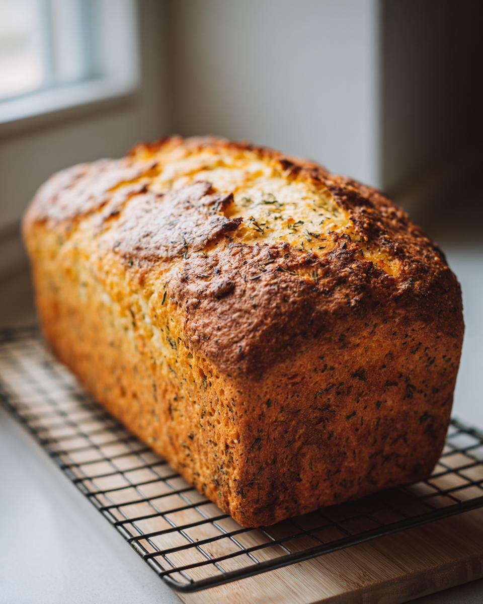 A freshly baked loaf of Italian herb and cheese bread with a golden-brown crust resting on a cooling rack.