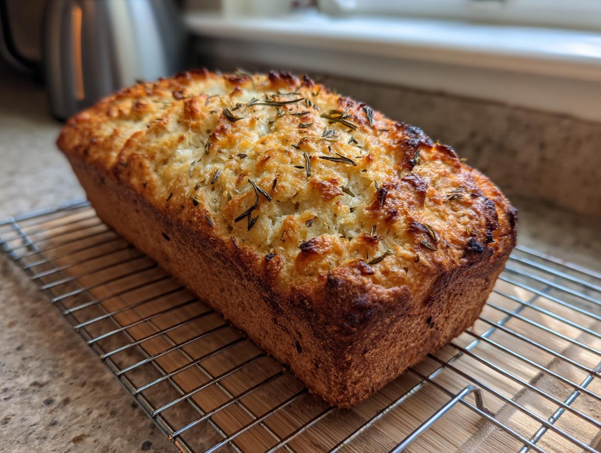 A golden-brown loaf of Italian herb and cheese bread cooling on a wire rack.