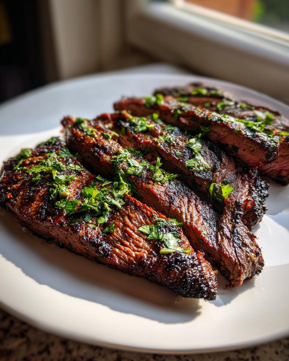 Slices of perfectly grilled carne asada, showing a medium-rare interior, topped with fresh cilantro.