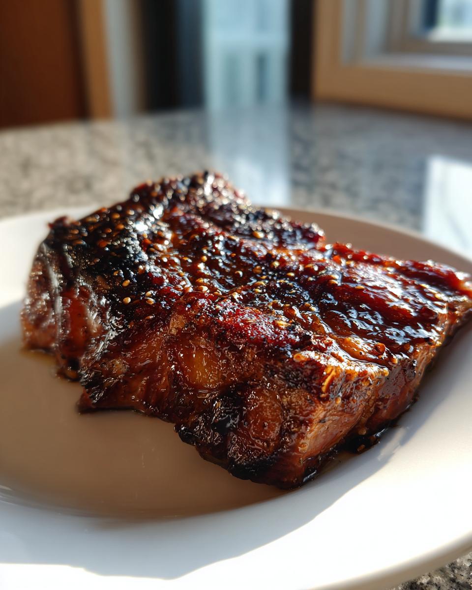 Close-up of a perfectly cooked, glazed pork steak recipe piece topped with sesame seeds on a white plate.