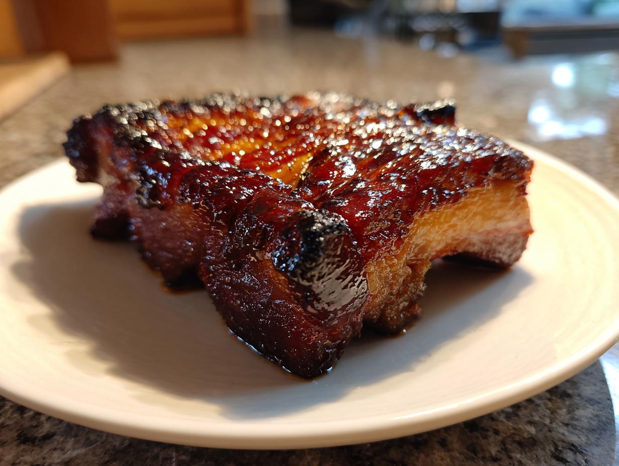 Close-up of a thick, juicy pork steak with a dark, caramelized glaze served on a white plate.