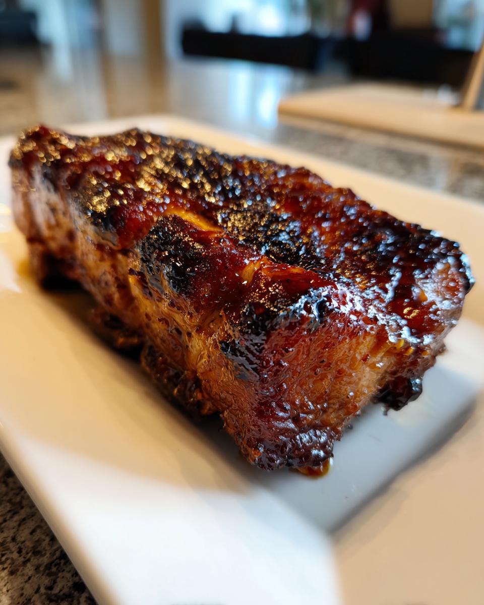 Close-up of a thick, juicy pork steak with a dark, glossy, caramelized glaze, resting on a white plate.