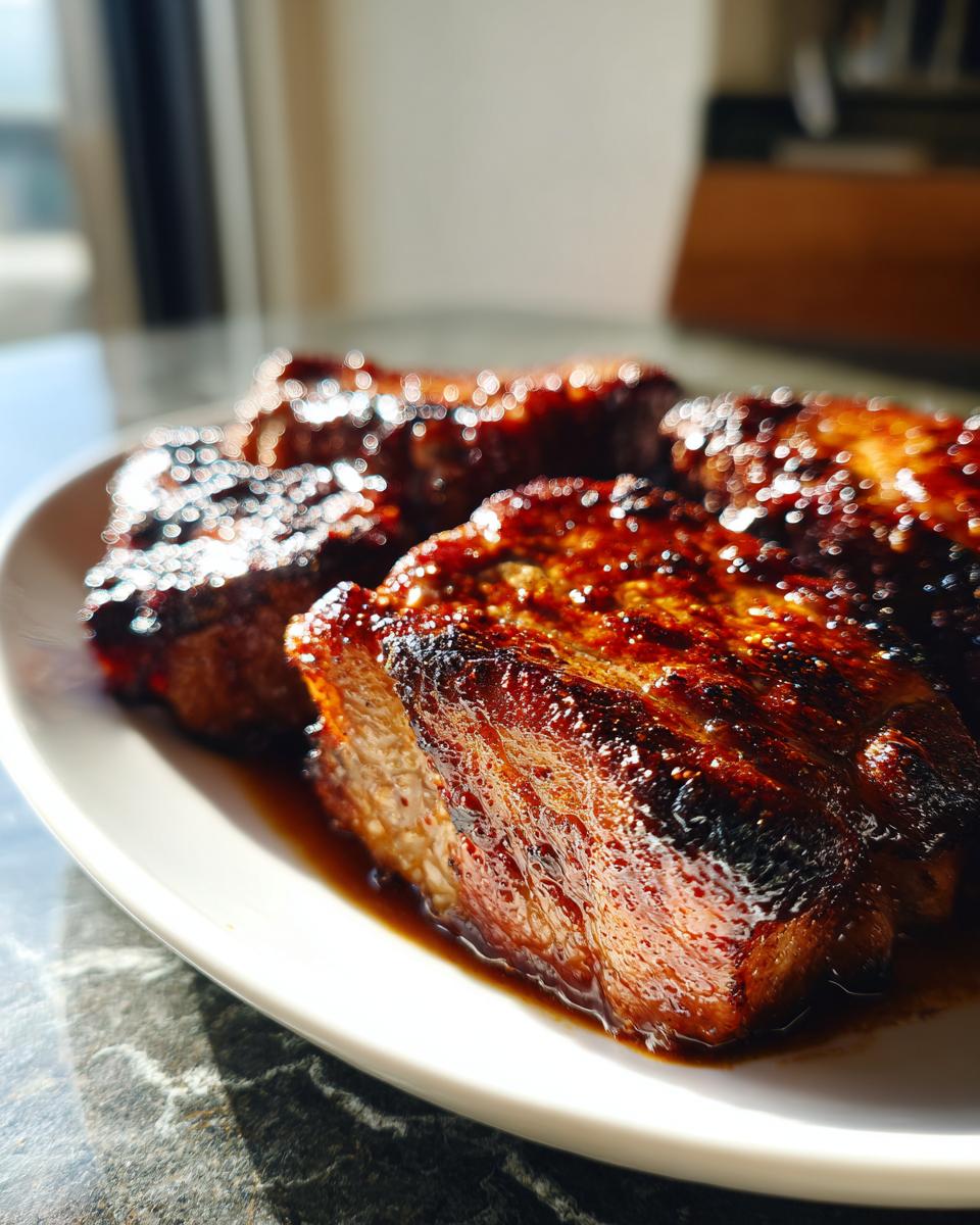 Close-up of three perfectly cooked, juicy pork steak pieces with a dark, caramelized glaze resting in sauce on a white plate.