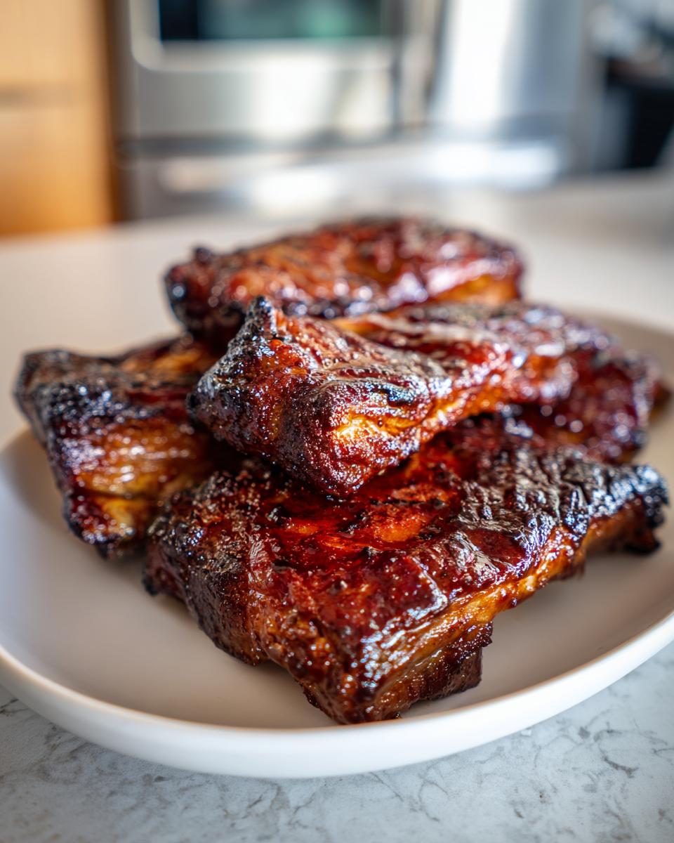 Close-up of several thick, glazed, and caramelized pieces of pork steak recipe meat stacked on a white plate.