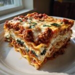 A thick, layered slice of Lasagna with Cottage Cheese, rich meat sauce, and melted cheese topping.